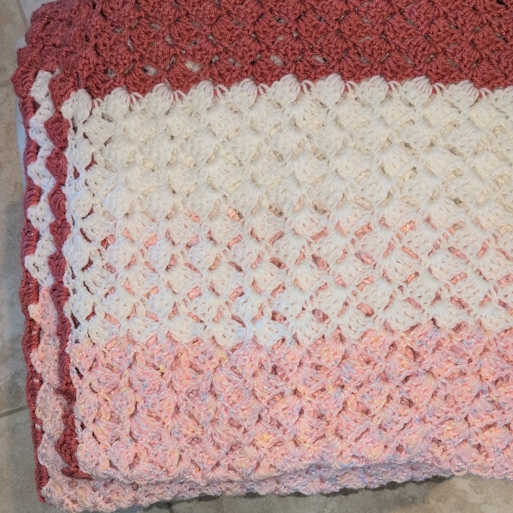 Handmade Pink and White Knitted Afghan Throw Or Baby Blanket